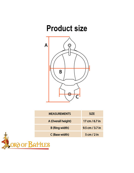 Puxador medieval de porta forjado à mão