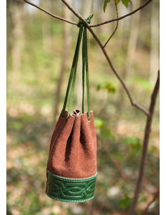 Bolsa de linho medieval em marrom-verde repuxada 2