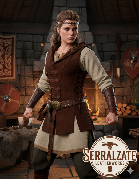 Colete Viking Hildr em couro - Marrom