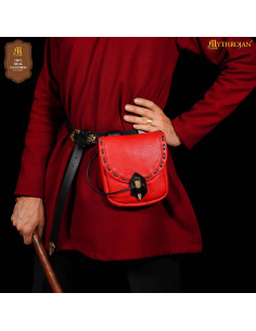 Bolsa medieval de couro com fecho de osso, cor vermelha