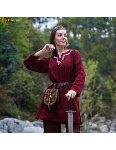 Túnica vikinga de algodão com gola bordada para mulher,...