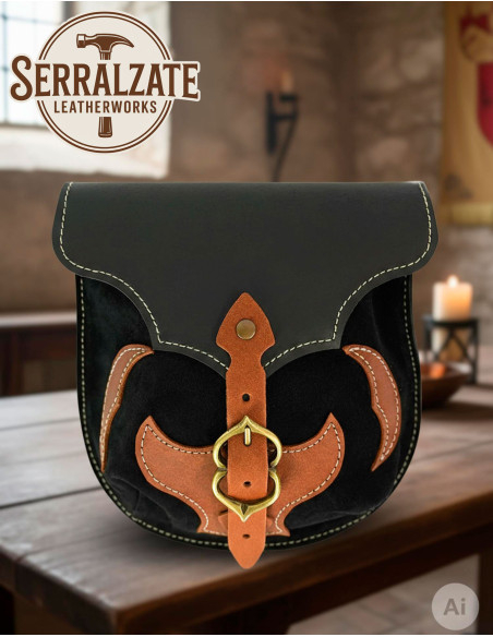Bolsa medieval em couro preto com...
