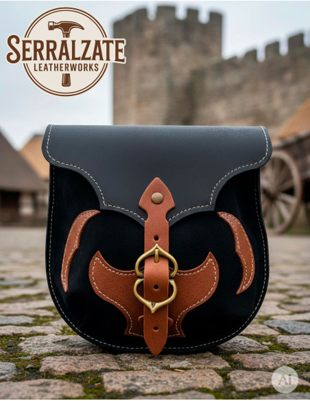 Bolsa medieval em couro preto com...