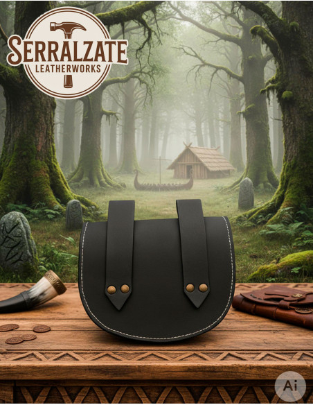 Bolsa medieval em couro preto com...