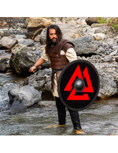 Escudo vikingue redondo em madeira modelo Valknut Odín 2