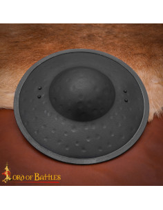 Broquel medieval em aço negro, empunhadura de madeira