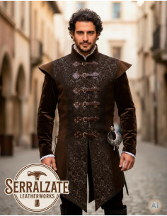 Colete longo Renascentista de couro genuíno marrom