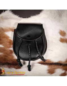 Bolsa medieval em couro com franjas trançadas, cor preta
