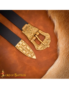 Cinturão Viking de Couro Preto, Fivela e Ponta em Latão... 2