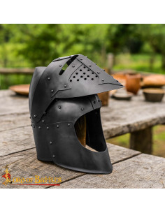 Bacinete medieval com viseira cavaleiro século XIV,...