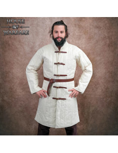 Gambesão medieval acolchoado com fivelas de couro, branco...