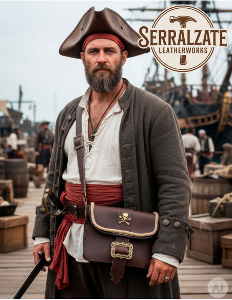 Bolsa pirata de couro com caveira e...