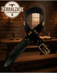 Cinto medieval largo em couro preto, fivela dourada 2