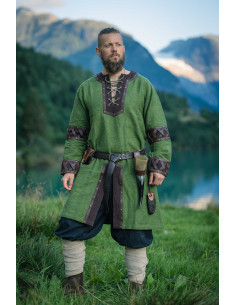 Túnica Vikinga modelo Leif, verde com detalhes em couro...
