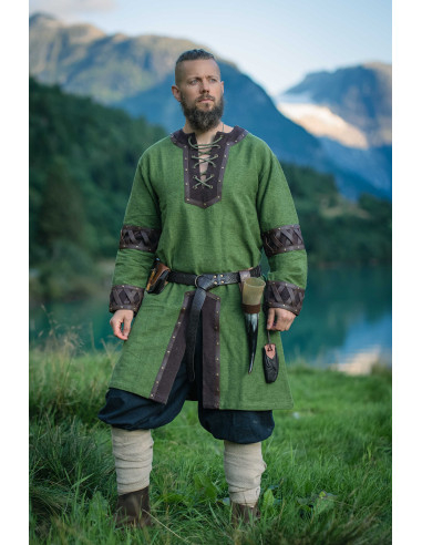 Túnica Vikinga modelo Leif, verde com detalhes em couro genuíno