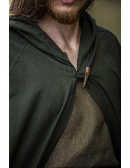 Capa medieval verde com capucho,...