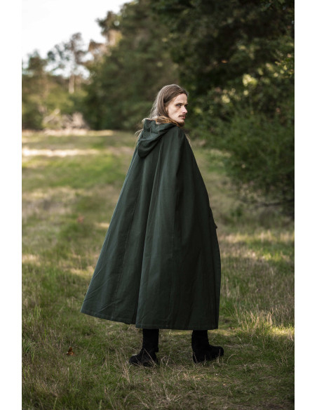 Capa medieval verde com capucho,...