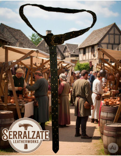 Cinturão viking de couro com escamas e fivela nórdica,...