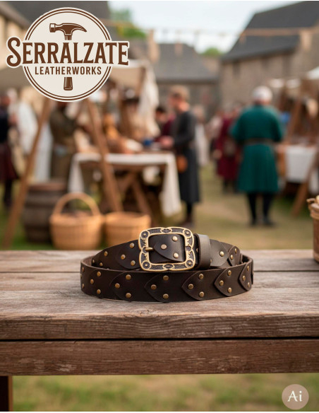 Cinto vikingue de couro com escamas e...