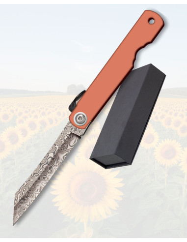 Navaja de bolso Albainox lâmina reta Damasco 67 camadas, aço rosado