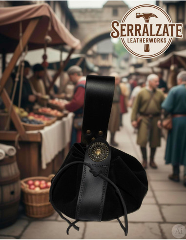 Bolsa medieval de couro para cinto, preta