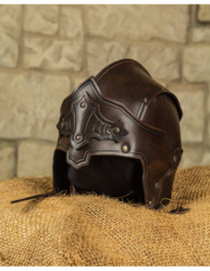 Capacete medieval em couro marrom, modelo Antonius