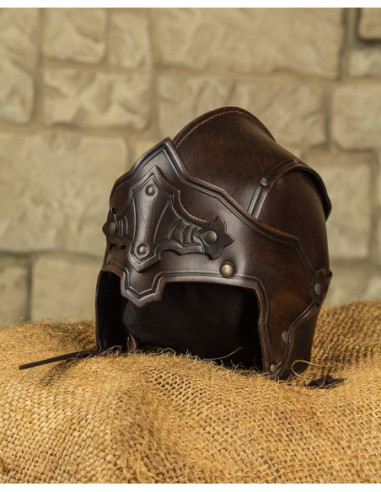 Capacete medieval em couro marrom, modelo Antonius