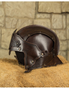 Capacete medieval em couro marrom, modelo Antonius 2