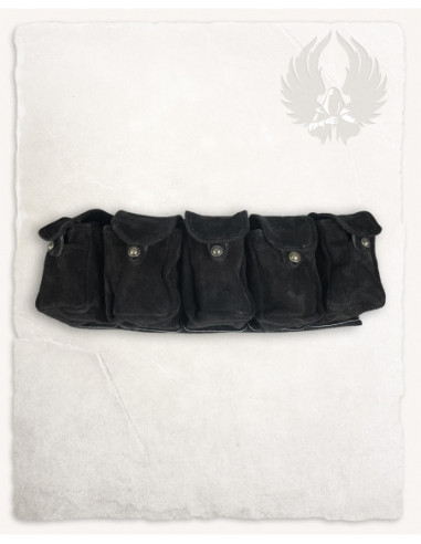 Cinto medieval em camurça com 5 bolsos, cor preta