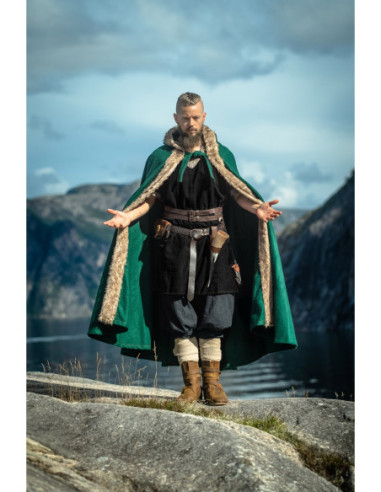 Capa vikinga em lã modelo Fjell com pele, cor verde
