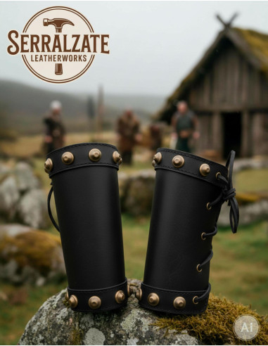 Braceletes vikings de couro preto e tachas