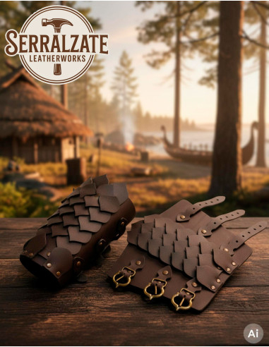 Braceletes de guerreiro em pele marrom ajustáveis com escamas