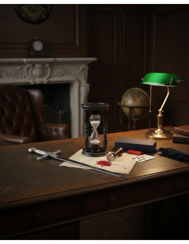 Pack Maçônico Entre o Compasso e a Areia composto por ampulheta, abridor de cartas e selo de cera