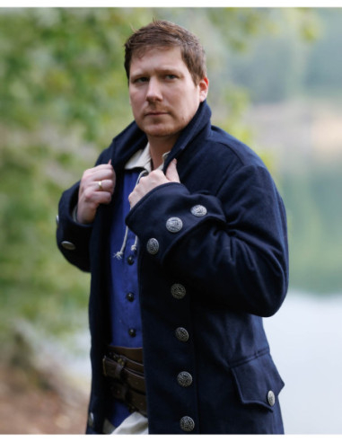 Abrigo pirata de lã modelo Capitão Chad Bucanero, cor azul escuro.