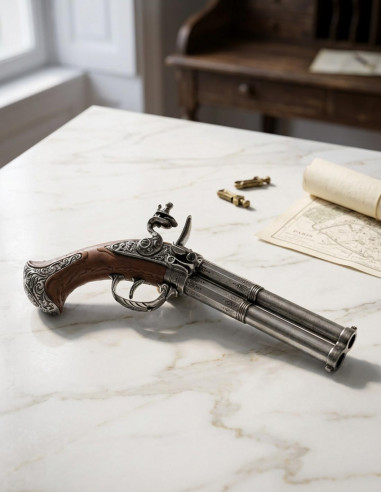 Pistola Flintlock 2 canos, França S.XVIII