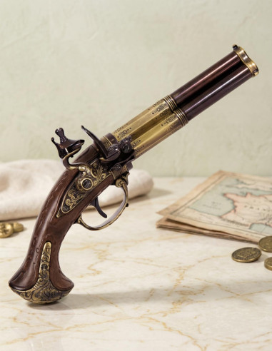 Pistola Flintlock 3 canos, França S.XVIII