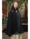 Capa medieval Aric de feltro preto com capuz e bordado