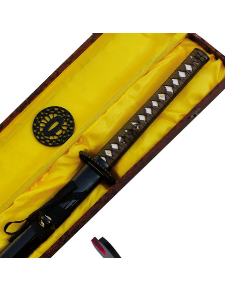 Aço carbono Katana, caso, tsuba, kit de limpeza