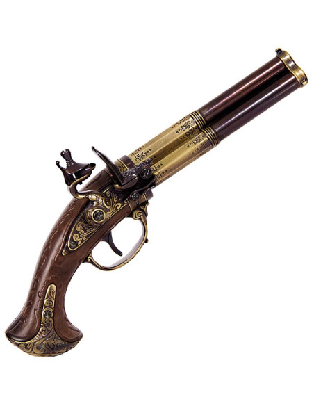 Pistola Flintlock 3 canos, França S.XVIII