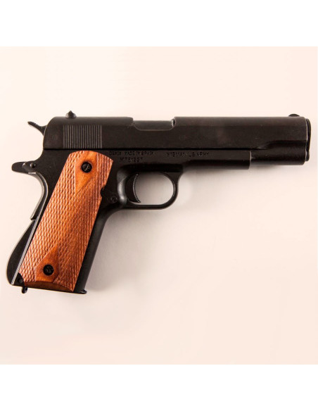 Pistola automática M1911A1 preta com cabos de madeira, EUA 1911