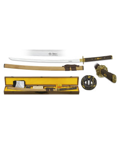 Lâmina de aço Katana Damasco com caixa, bainha, kit de limpeza e tsubas
