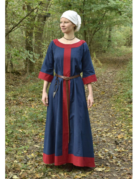 Vestido medieval Gudrun, azul-vermelho