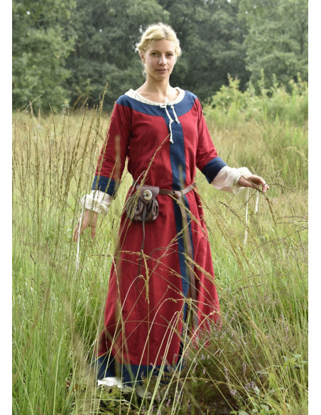 Gudrun vestido medieval, vermelho-azul