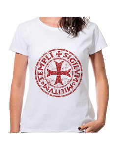 Camiseta de mulher branca com cruz e lenda templária