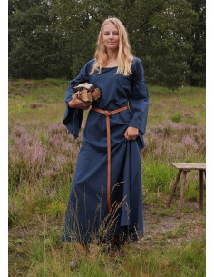 Vestido medieval mulher Burglinde azul mangas trompete