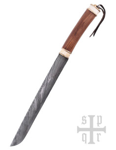 Faca viking Seax Damasco cabo em nogueira e osso
