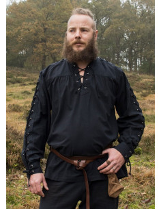 Camisa medieval preta com laços modelo Corvin