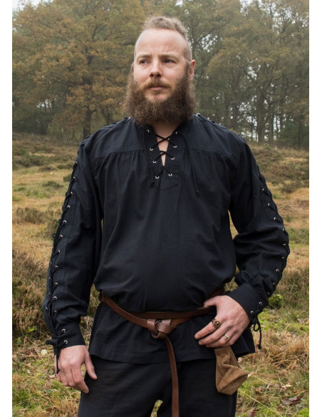 Camisa medieval preta com laços...