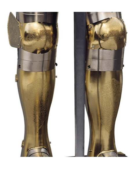 Armadura natural de prata e ouro com gravuras, terno granada e espada nas mãos