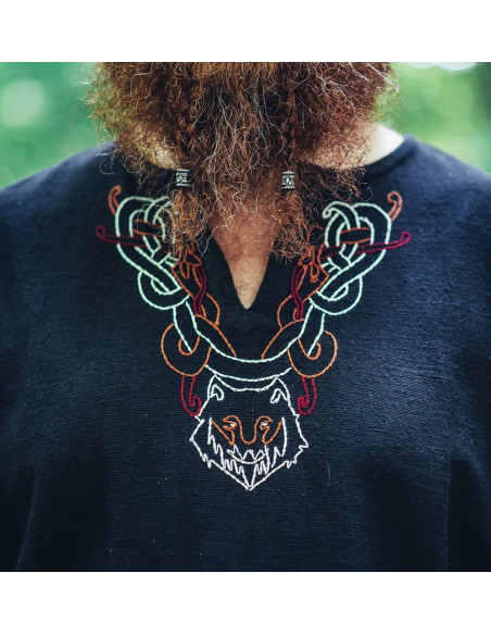 Túnica Viking com bordado Freki, preta